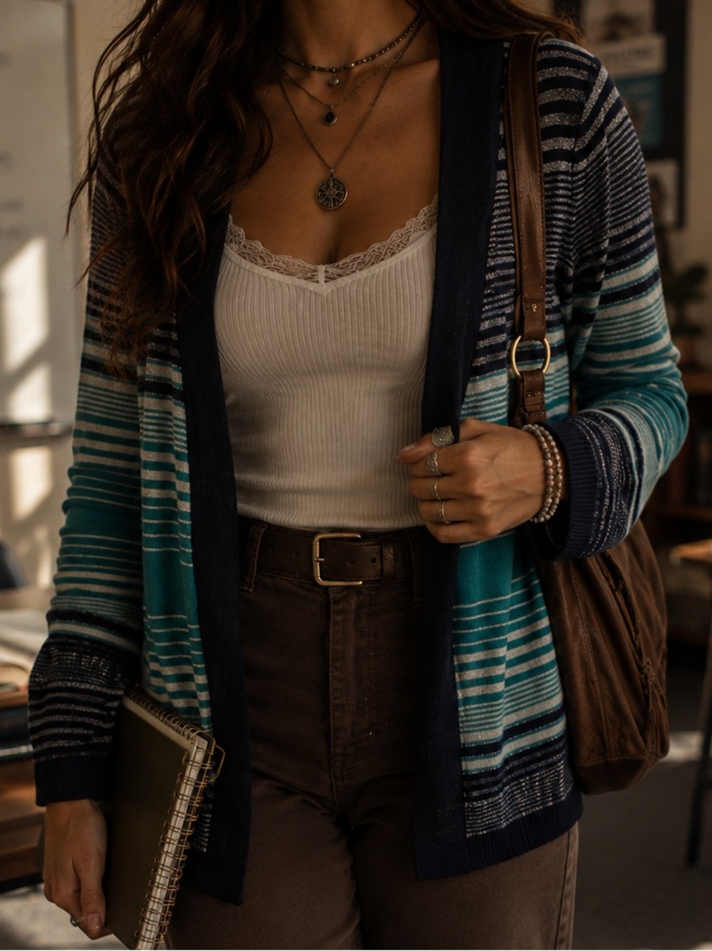 Talbots Striped Open-Front Cardigan - Teal, Navy, White